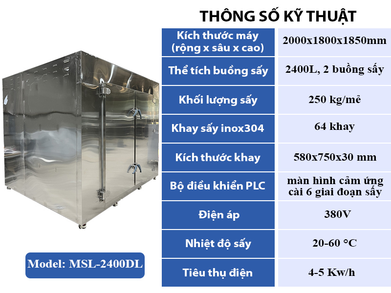 Thông số kỹ thuật máy sấy lạnh nông sản MSL-2400DL