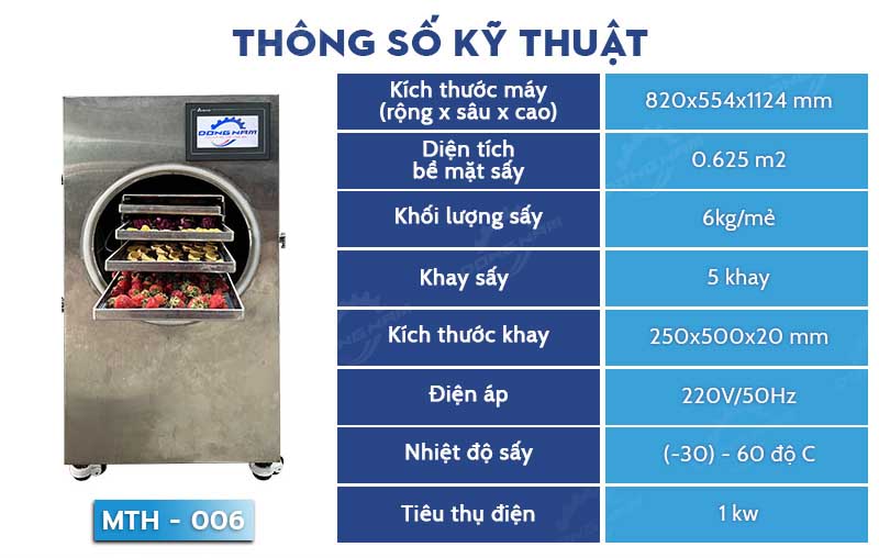 Thông số máy sấy thăng hoa mini MTH-006 năng suất 5-6kg/mẻ