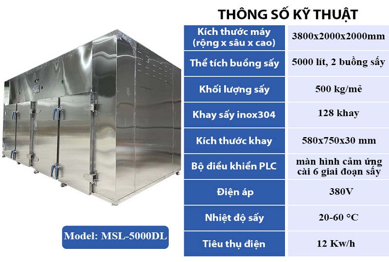 Thông số kỹ thuật máy sấy lạnh 500kg MSL-5000DL